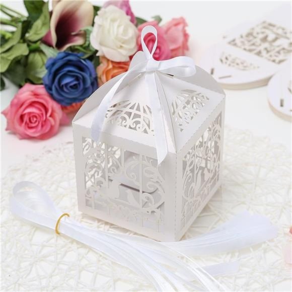 25Pcs/Lot 4x4 inches Laser Cut Pearl Paper Party Wedding Favor Ribbon Candy Box - Picture 6 of 6